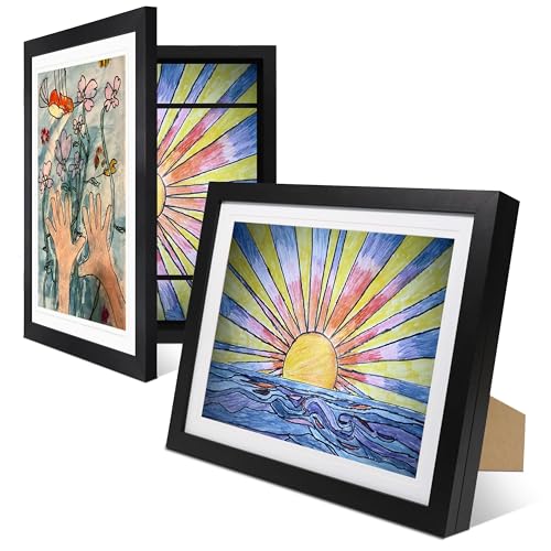 2-Pack Kids Artwork Frames Changeable 10x12.5 with Easel Stand Hangers Backboard Shatterproof Plexiglass | 2 Mats Fit 9x12 8.5x11 A4 Paper Sizes | Large and Easy-Access Kids Art Frame Display and Storage for up to 100 Sheets (Black)