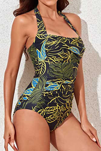 Image of Smismivo Tummy Control Swimwear Halter One Piece Slimming Vintage Retro Swimsuit Womens Ruched Push Up Bathing Suit