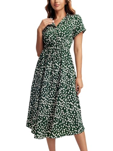 Milumia Womens Polka Dots Button Front Midi Dress Drawstring High Waist Short Sleeve A Line Long...