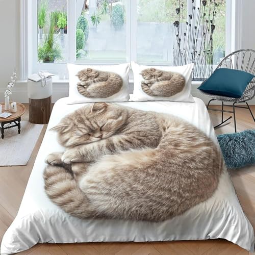 Funda Nordica Cama 80/90 Infantil Gato Funda Edredon 135x190 Estampado De Animales 3D Fundas de Edredón Microfibra Suave Ropa de Cama de 3 Piezas con Cremallera y 2 Fundas de Almohada H-240