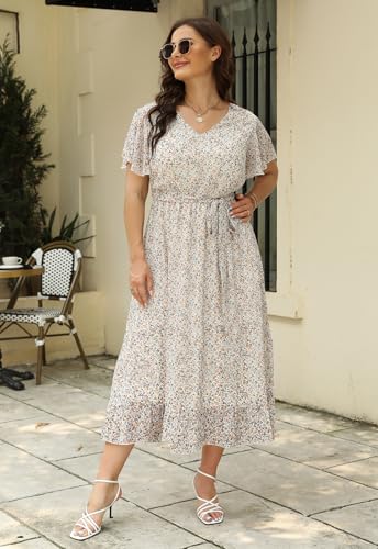 Image of Nemidor Plus Size Women Casual Maxi Dresses Print Bobo Belted Layered Chiffon Summer Long Dress with Ruffle Sleeve