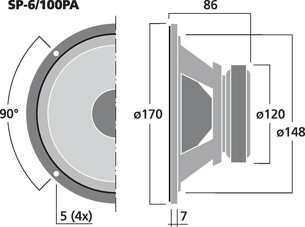 MONACOR SP-6/100PA PA-Mitteltöner, 100 Watt Nennbelastbarkeit und einer Impedanz von 8 Ohm, 6,5 Zoll, in Schwarz, 10.1670