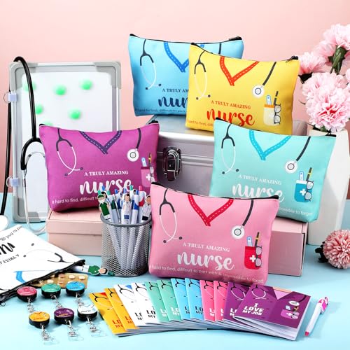 Yeaqee 48 Pcs Nurse Christmas Appreciation Gifts Set Bulk Include Makeup Cosmetic Bag Pocket Journal Notebooks Ballpoint Pen Badge Reel for Christmas Women Rn Assistant Student(Multicolor,Stethoscope)2