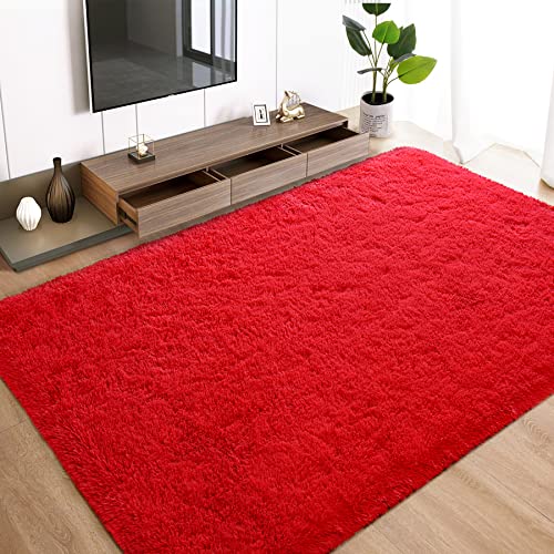 Benron Plush Red Fluffy Rug Ultra Soft Furry Bedroom Rugs Kids Room Carpets Non-Slipping Living Room Rug 4 X 6 Feet, Cozy Bedside Runner Rugs #TOP6