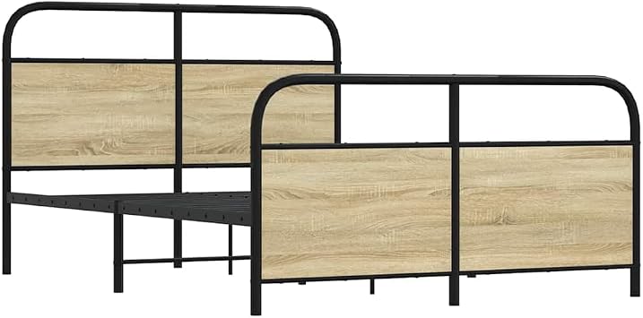 vidaXL Metal Bed Frame Sonoma Oak - Double Bed, Steel Construction - 140x190 cm, Functional Headboard, Slatted Base, Modern Bedroom Furniture