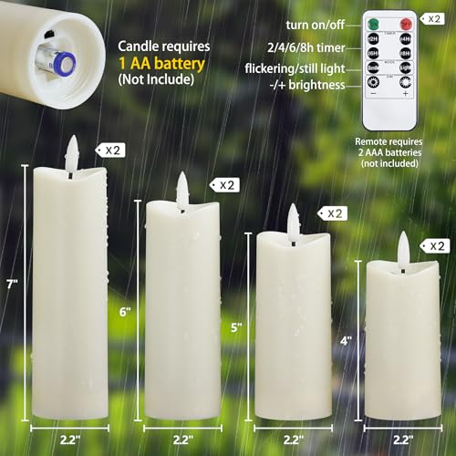Image of Waterproof Flameless 2.2 inch x4 inch 4 inch 5 inch 5 inch 6 inch 6 inch 7 inch 7 inch Pillar Candles with Remote Control and Timer, LED Ivory Battery Operated Plastic Wave-Shaped Design Pack of 8 Outdoor Flickering