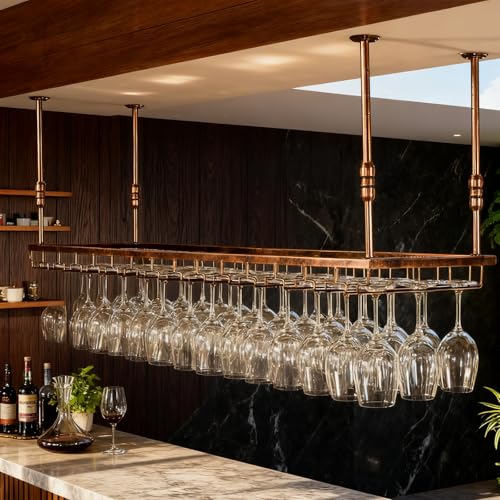 Dernoing Support pour Verre à Vin Hauteur RéGlable, Porte-Verres à Pied Suspendu en Métal, Montage au Plafond Range Verre Suspendu Bar pour Famille,...