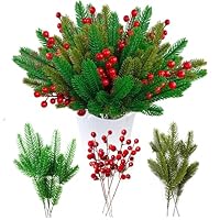 60 künstliche tannenzweige ,dekorative Zweige mit Roten Beeren für Weihnachten winter deko Kiefernzweige künstlich wie echt Weihnachtsblumen Künstlich für tannengirlande Weihnachtsverschönerung