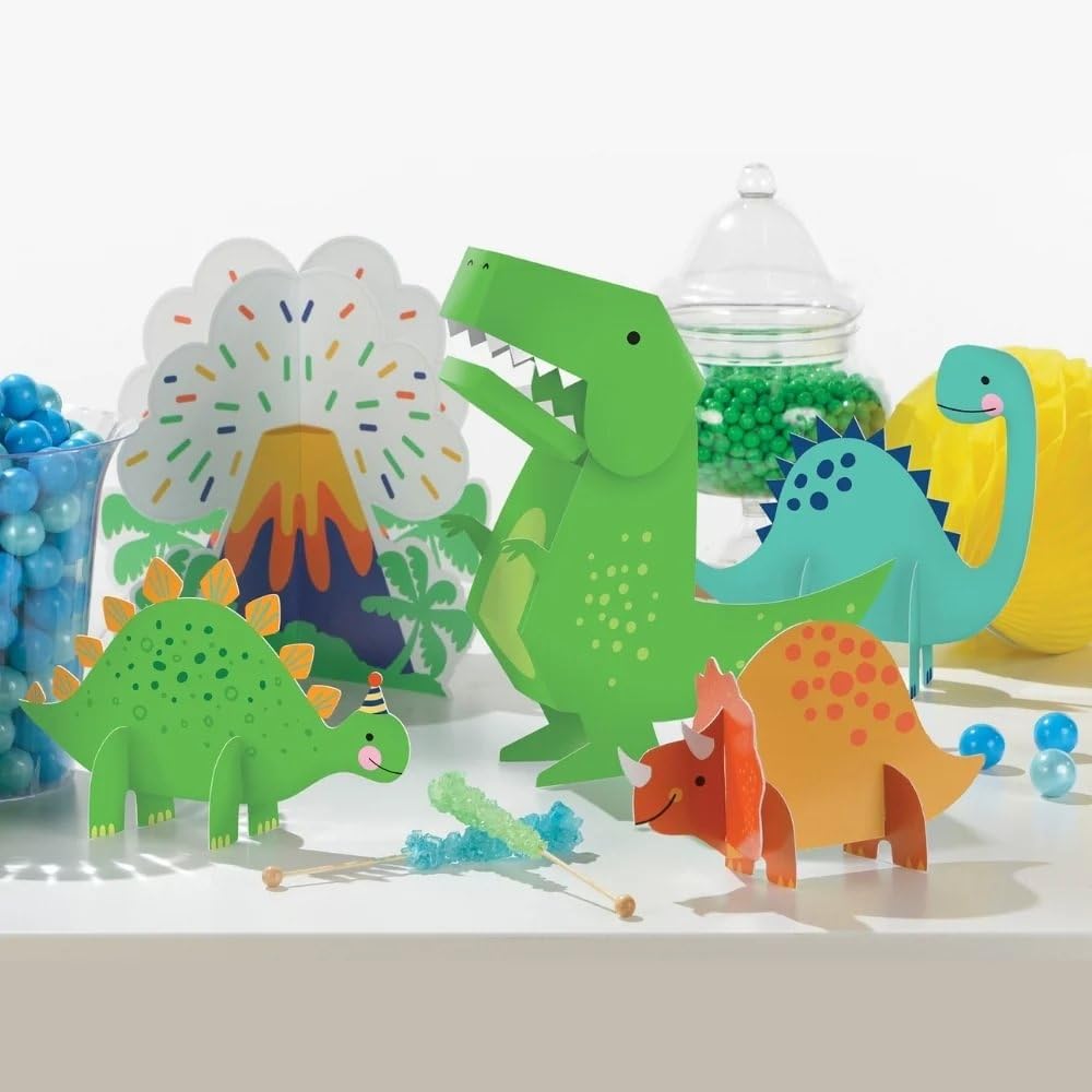 Girl Dinosaur Centerpiece - Pink & Yellow Honeycomb Paper Party Decorations (12" X 9.25" & 9.25" X 7.5", Pack Of 1)