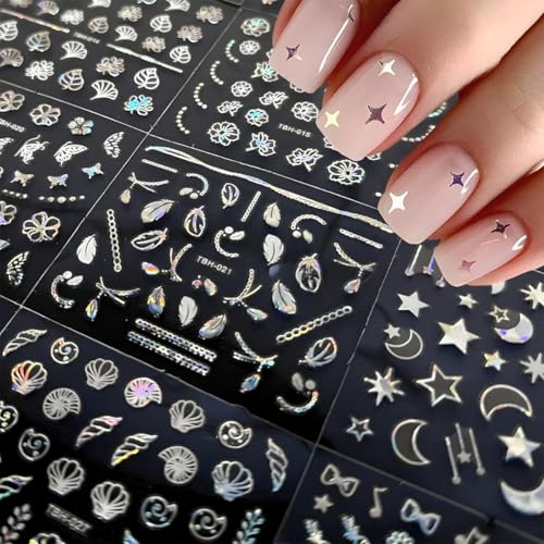 Image of MAYCREATE Aurora Moon Star Holographic Nail Art Stickers, 30 Sheets | Self-Adhesive Backing, Holographic Finish, Easy DIY Application, Moon and Star Designs, for Party Manicures and Acrylic Nail