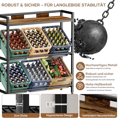 Getränkekistenregal 6 Kisten mit Ablage,33D x 104W x 115H cm Getränkeregal,Stabiler Metall Regal Getränkekisten,Freistehend Bierkisten Regal für Küche Keller Garage,Kistenregal Rustikales Braun