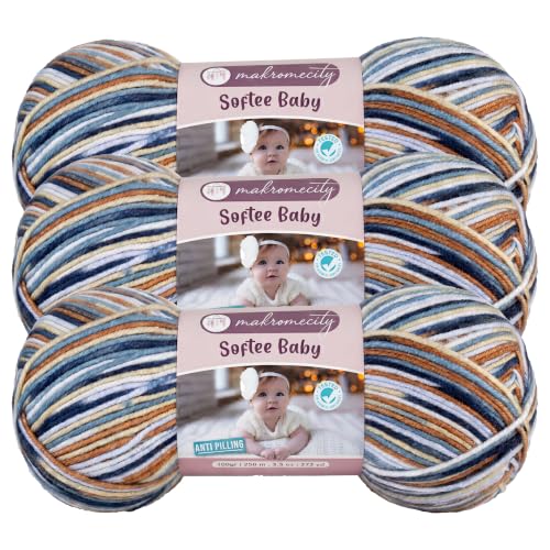 Image of Makromecity Softee Baby Yarn,%100 Premium Anti-Pilling Acrylic, 3.5 Oz, 273 yd (100gr /250 mt), Soft Yarn for Crocheting and Knitting (Denim & Caramel, 3 Skeins)