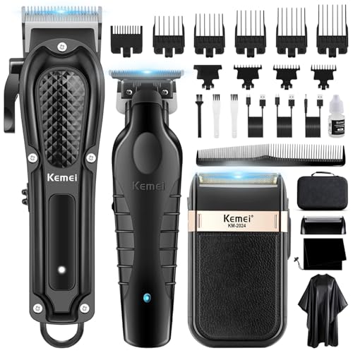 KEMEI Cortapelos profesional para hombres, inalámbrico, completo, cortadora de barbero con cuchilla en T, recortadora, set de afeitadora de lámina, kit completo de cortapelos eléctrico con 9 peines