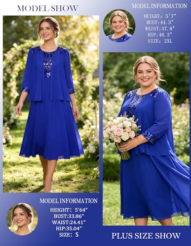 Image of GRACE KARIN Formal Wedding Guest Dress Sequin Mother of The Bride Dresses | Two Piece,3 /4 Sleeve,Tea Length,Crew Neck,Fit and Flare,Chiffon,Suitable for Spring /Summer /Fall /Winter /Cocktail /Party /Prom