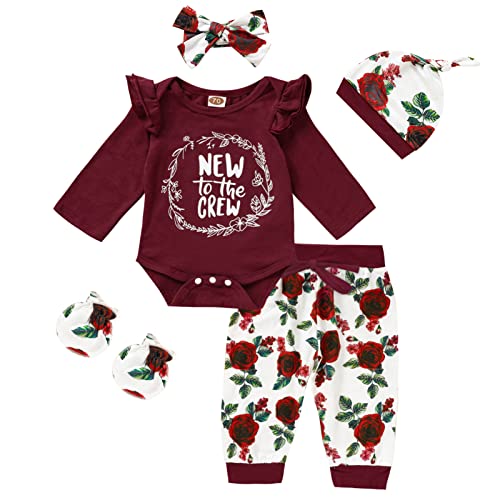Image of ZOELNIC Newborn Baby Girl Outfits Letter Print Long Sleeve Romper+Floral Pants+Hat+Headband+Gloves 5PCS Clothes Set