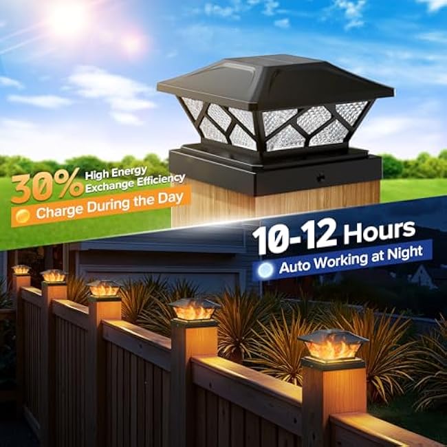 LETMY Solar Flame Post Cap Lights 2 Pack, 2 Modes Flickering Flame Outdoor Fence Post Solar Lights Waterproof for Garden Yard Fence Deck Patio Decor, Fits 4x4, 4.5x4.5, 5x5 Vinyl/Wooden Posts