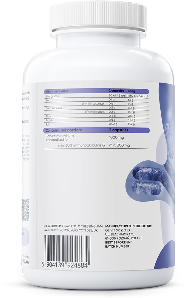 Osavi Colostrum 1000 mg – 180 gélules | Colostrum bovin hautement concentré contenant 30% d'immunoglobulines G | Provenant de vaches Holstein-Friesian | Sans OGM
