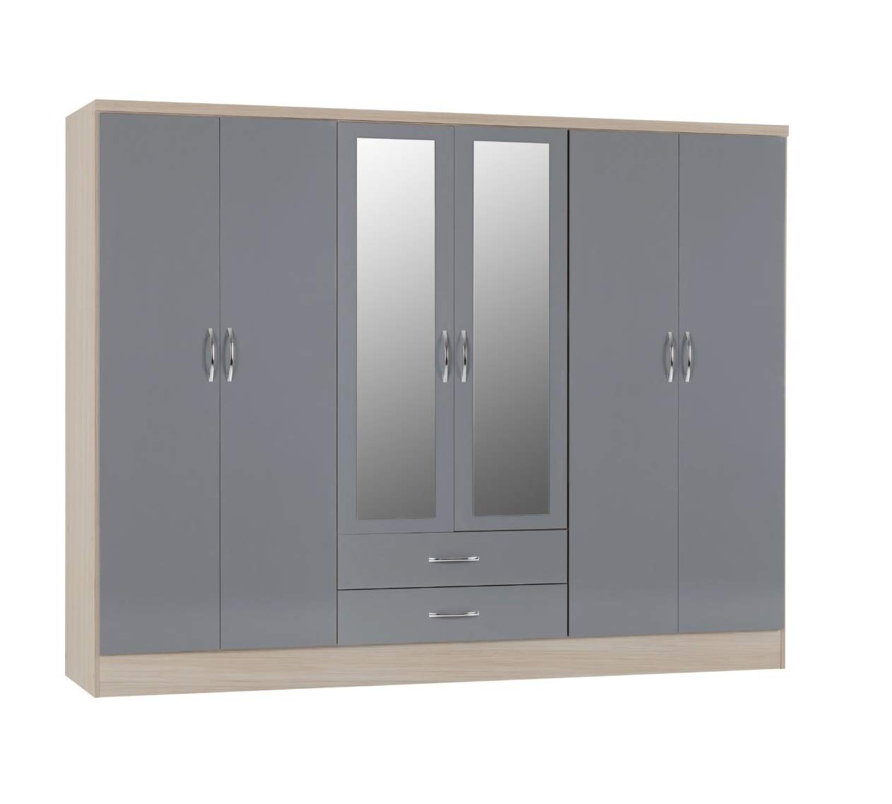 Seconique Nevada 6 Door 2 Drawer Wardrobe,Grey Gloss/Light Oak