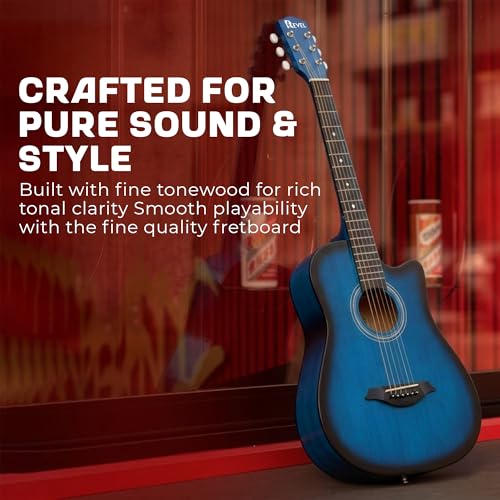 Image of REVEL Basswood 38 Inches Acoustic Guitar With Carry Bag And Plectrums Beginner And Learners Standard Size Configuration (Blue) Full,RVL-38C-LGP-BLS