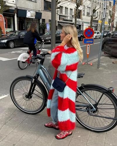 Women Contrast Color Stripe Fuzzy Chunky Knit Long Open Front Cardigan Sweater Loose Slouchy Lantern Sleeve Warm2
