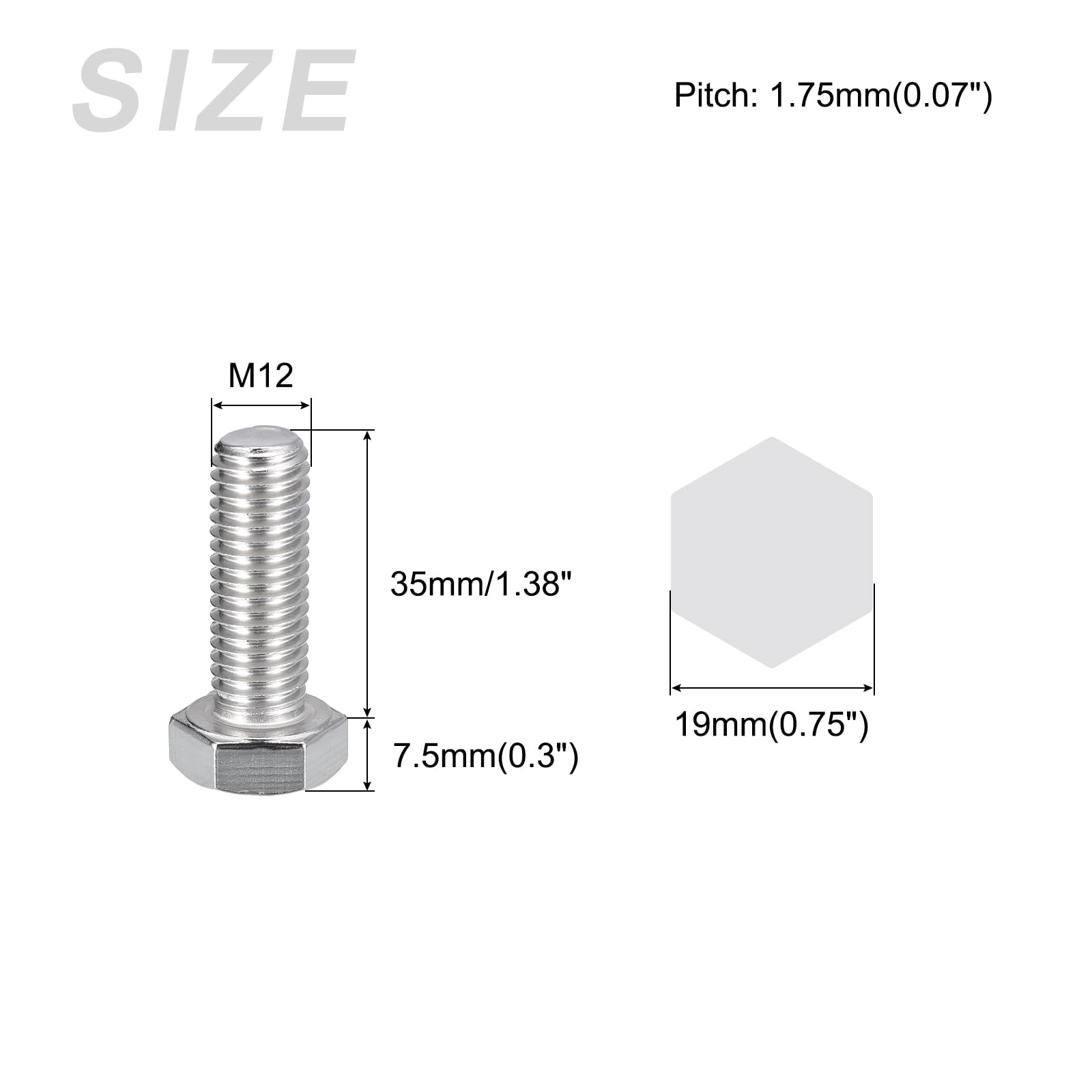 METALLIXITY Hex Bolts (M12-1.75x35mm) 6Pcs, 304 Stainless Steel Coarse Fully Threaded Hex Head Screw Bolt Machine Screws - Image 2