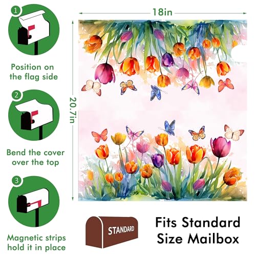 Image of Watercolor Tulips with Butterfly Mailbox Covers Magnetic Standard Size, Spring Summer Magnetic Mailbox Covers 18 inchx21 inch for Outside Yard Decor