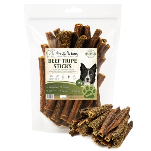 PAWLICIOUS 1Kg Dried Beef Tripe Sticks for Dog Snacks 100% Natural Air Dried Dog Treat Chews Protein & Low Fat Perfect for Sensitive Stomachs Suitable for All Breeds and Size
