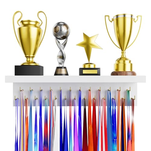 DSVENROLY Soporte para medallas y trofeos, organizador con estante, robusto perchero de madera para premios de competición con 25 ganchos de acero, soporte de pared para amantes del deporte, celebra