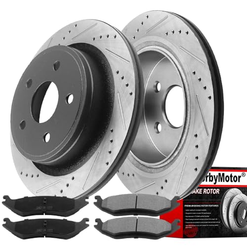 Image of MotorbyMotor Rear Brake Rotors Kit for 2005-2010 Dodge Ram 1500, 2004-2009 Durango, 2011-2018 Ram 1500, 2007-2008 Chrysler Aspen 352mm Drilled & Slotted E-Coating Brake Rotor & Ceramic Pad 53006