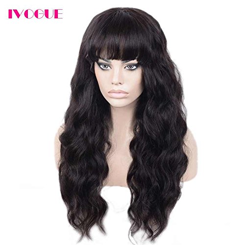 Best Long Full Lace Human Hair Wigs with Bangs Virgin Brazilian Body Wave Glueless Human Hair Lace Wig with Baby Hair 180% Thick Full Density (20inch 180density)