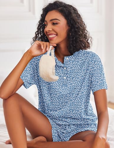 Image of Ekouaer Pajamas Set for Women Short Sleeve Lounge Set 2 Piece Loungewear PJs Soft Cute Lightweight Sleepwear
