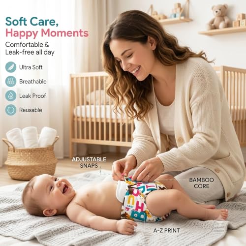 Image of GLUN Printed Reusable Baby Cloth Diaper Pack of 2, Multicolour Colour Alphabet Print, Comfort & Protection, Leakproof & High Absorption