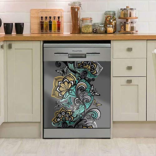 Tup, Grey Background Abstract Plants Multicolors Refrigerator Magnets Dishwasher Door Cover Vinyl Magnetic Panel Decal Home Decor 23Inch W X 26Inch H #TOP1