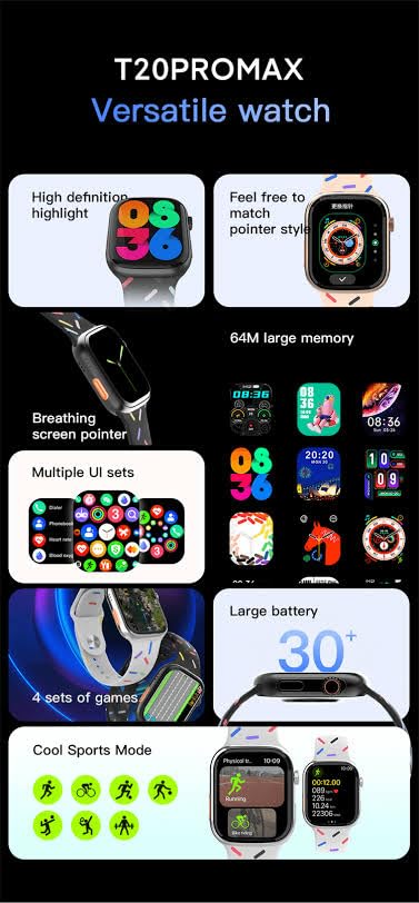 Hryfine T20 Pro Smartwatch displaying sports modes and an orange button