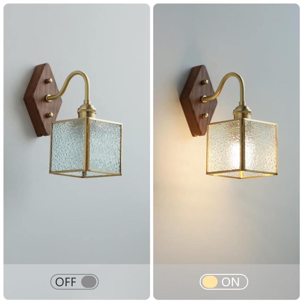 Applique da Parete Dorata, Applique Moderne con Paralume Quadrato in Vetro, Lampada da toeletta Dorata di metà secolo, lampade da Interno Vintage in Ottone, Base in Legno per Camera da Letto, Com