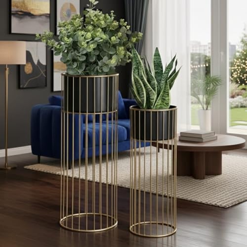 Image of Inspired Creations Modern Metal Floor Standing Planter Set of 2 | Decorative Gold & Black Indoor /Outdoor Plant Stand with Pots | Home Decor for Living Room, Balcony, Office & Bedroom