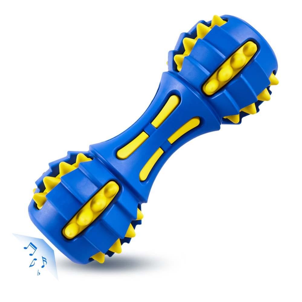 AUSCAT Teething Dog Toys, Durable Squeaky Dog Toys, Rubber Chew Toys for Dogs Dumbbell Shape, Blue
