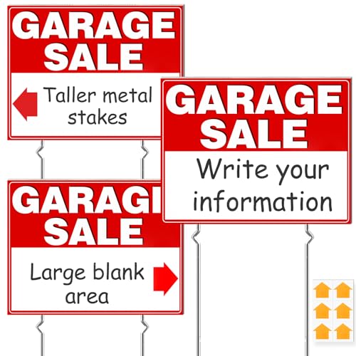 Remiawy Garage Sale Signs, 3 Pcs Yard Signs with Metal Stakes, 17x13 Inch Double Sided Large Corrugated Plastic Garage Sale Kit with Directional Arrows Stickers for Event, Weatherproof, Red