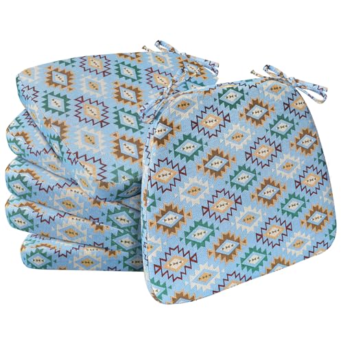 Image of AAAAAcessories D-Shaped Chair Cushions, 2 inch Thick Dining Chair Pads with Ties and Removable, Machine-Washable Cover, 17 inch x 16 inch, Set of 6, Geometric Blue