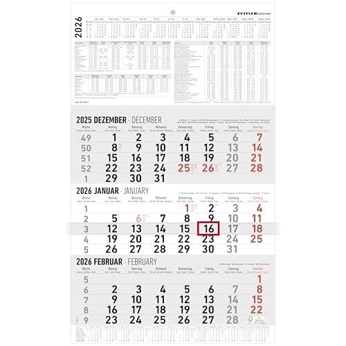Zettler 3-Monatskalender groß 2026 – Wandkalender 30 × 49 cm, 3 Monate pro Blatt mit Datumsschieber, Monatsübersicht Dez. 2025–Jan. 2027, mehrsprachig, Feiertage, Ferien, FSC-zertifiziert