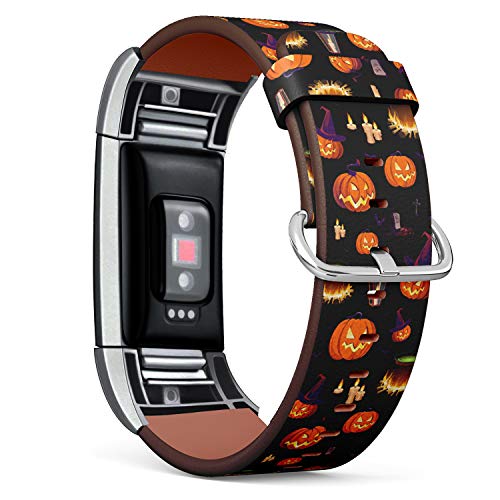 Compatible with Fitbit Charge 2, Patterned Leather Replacement Band (Halloween pumpkin pattern)