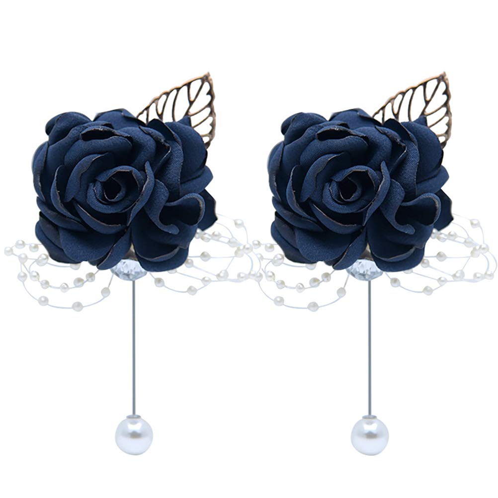 BUUEERR Pack of 2 Boutonniere Pearl Bead Decor Bridegroom Groom Men's Boutonniere Boutineer with Pin for Wedding, Prom, Homecoming