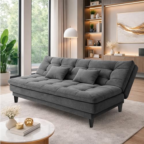 Image of Modern 3 Seater Sofa Cum Bed | Tufted Backrest | Velevt Fabric Upholstery | Living Room Furniture-Grey