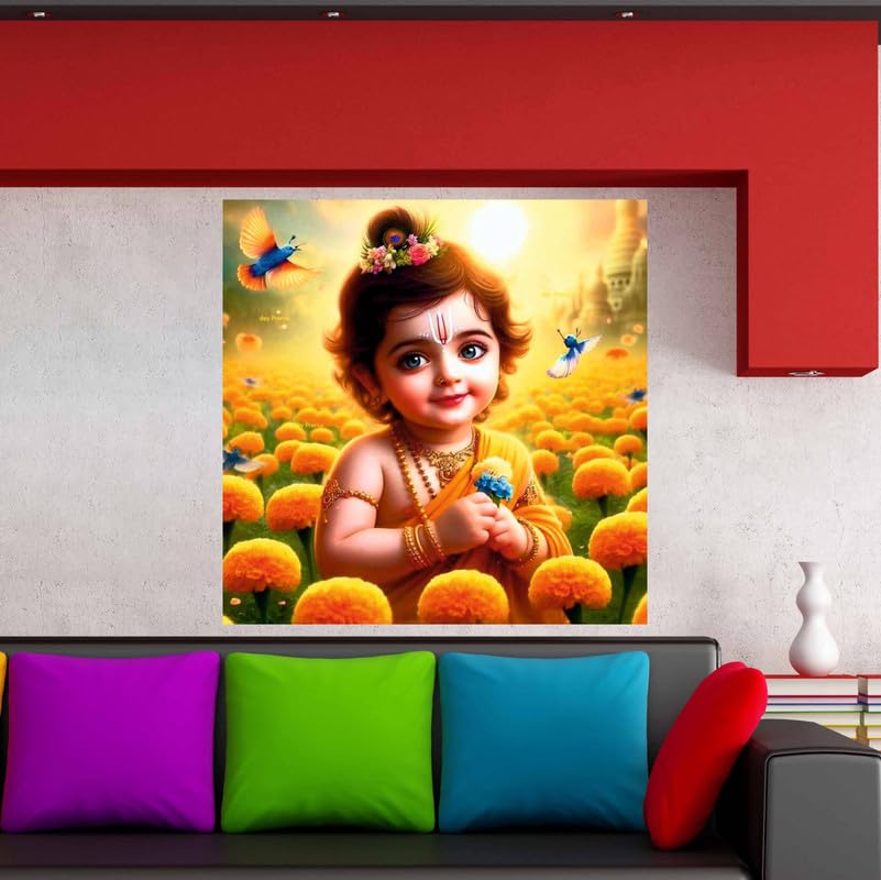 Image of British Terminal Cute little Bal Gopal Baby God Krishna| Kanha Ji | Laddu Lord Makhan Chor Painting Religious Poster for Pregnant Women for wall (matt thin vinyl,sticker,multicolor,unframed)| bj187