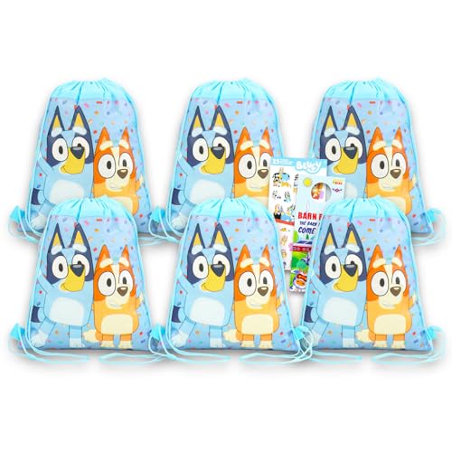 Bluey Party Favor Bags Set - Bundle with 6 Cinch Bags for Kids Plus Stickers, More | Bluey and Bingo Birthday Party Supplies for Kids, Boys, Girls