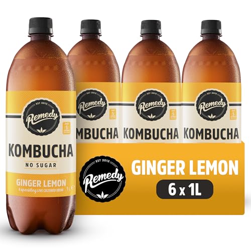 Remedy Kombucha Tea - Ginger Lemon - Sparkling Live Cultured Naturally Sugar Free Soft Drink - Probiotic for Gut Health - 6 x 1L Case (Bottles)