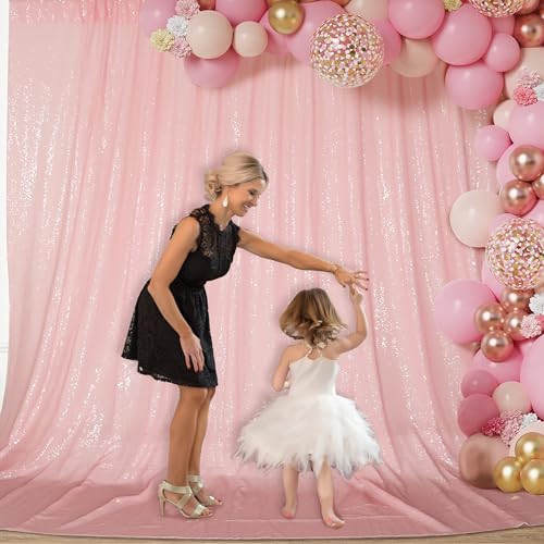 Image of PartyDelight Pink Sequin Backdrop 20x10ft Sparkly Photo Curtain | 4 Inch Rod Pocket and stitched 3mm sequins create panoramic stage coverage for baby showers and birthdays