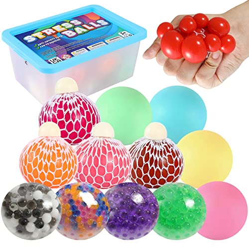 KLT Stress Balls, Squishy Balls Fidget Toys-Color Changing Balls, Mesh Ball, Water Beads Stress Balls, Sensory Stress Relief Balls 12 Pack, Autism Toy for Kid/Adult, Stocking Stuffer 2021, Christmas