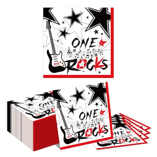 Auroriel 40 Serviettes Papier Jetables à Motifs Rock Guitare pour Fête Anniversaire Décoration de Table Disco Rouge Noir Blanc
