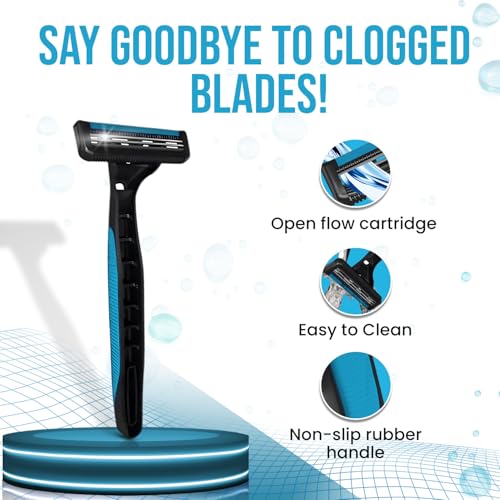 Image of DORCO TNC100 Disposable Razors for Men, Pack of 25 | Open-Flow Cartridge for Easy Rinsing & Cleaning | Long Non-Slip Rubber Handle for Comfortable Grip | Smooth Shave | Convenient Disposable Razor